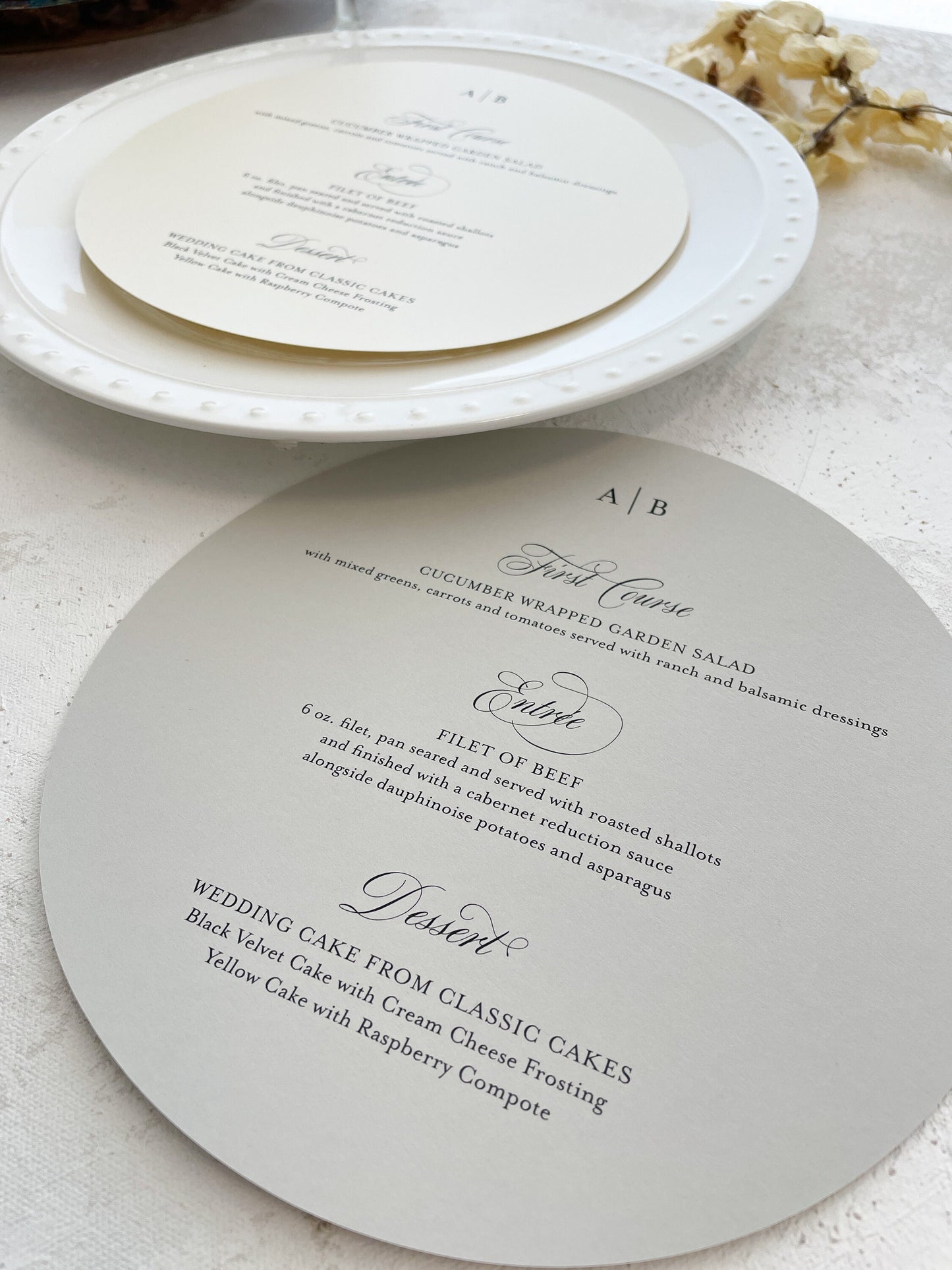Circle Wedding Menu  |  Set of 10  |  7.5 Style 93 Elegant Modern Neutral Printed Menu