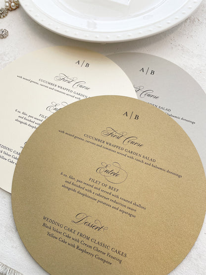 Circle Wedding Menu  |  Set of 10  |  7.5 Style 93 Elegant Modern Neutral Printed Menu