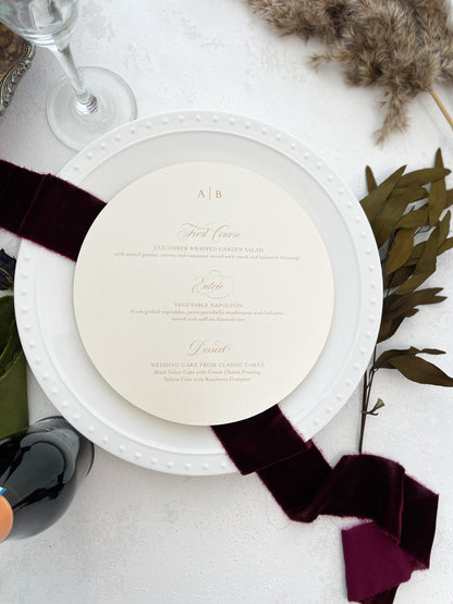 7.5" Round Wedding Menu Formal Elegant Menu Style 93  |  SET OF 10