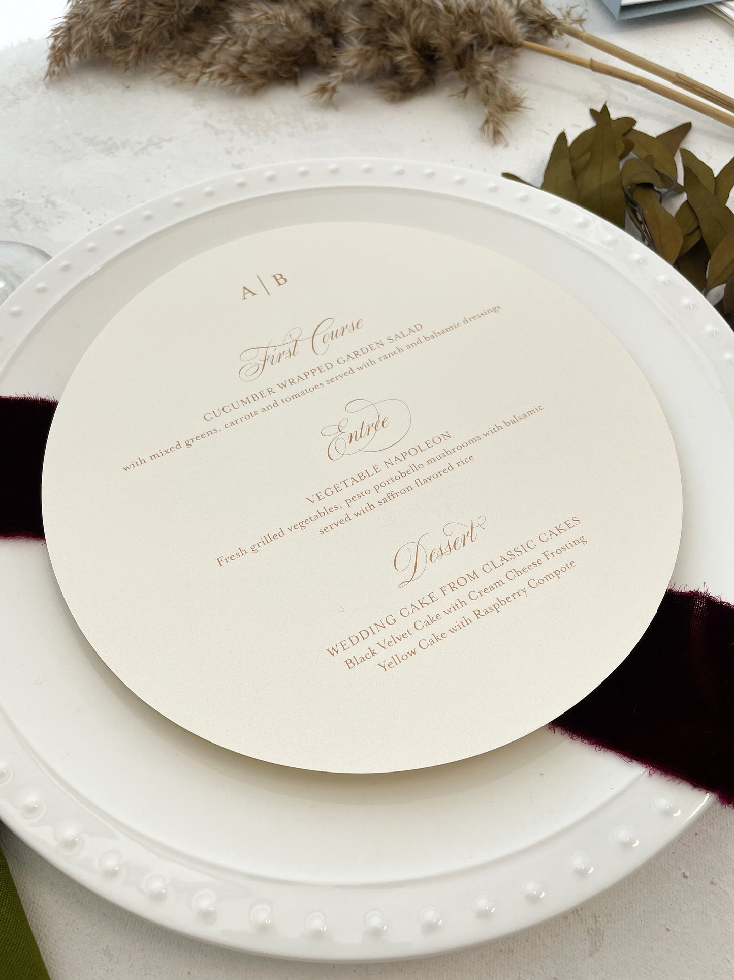 7.5" Round Wedding Menu Formal Elegant Menu Style 93  |  SET OF 10