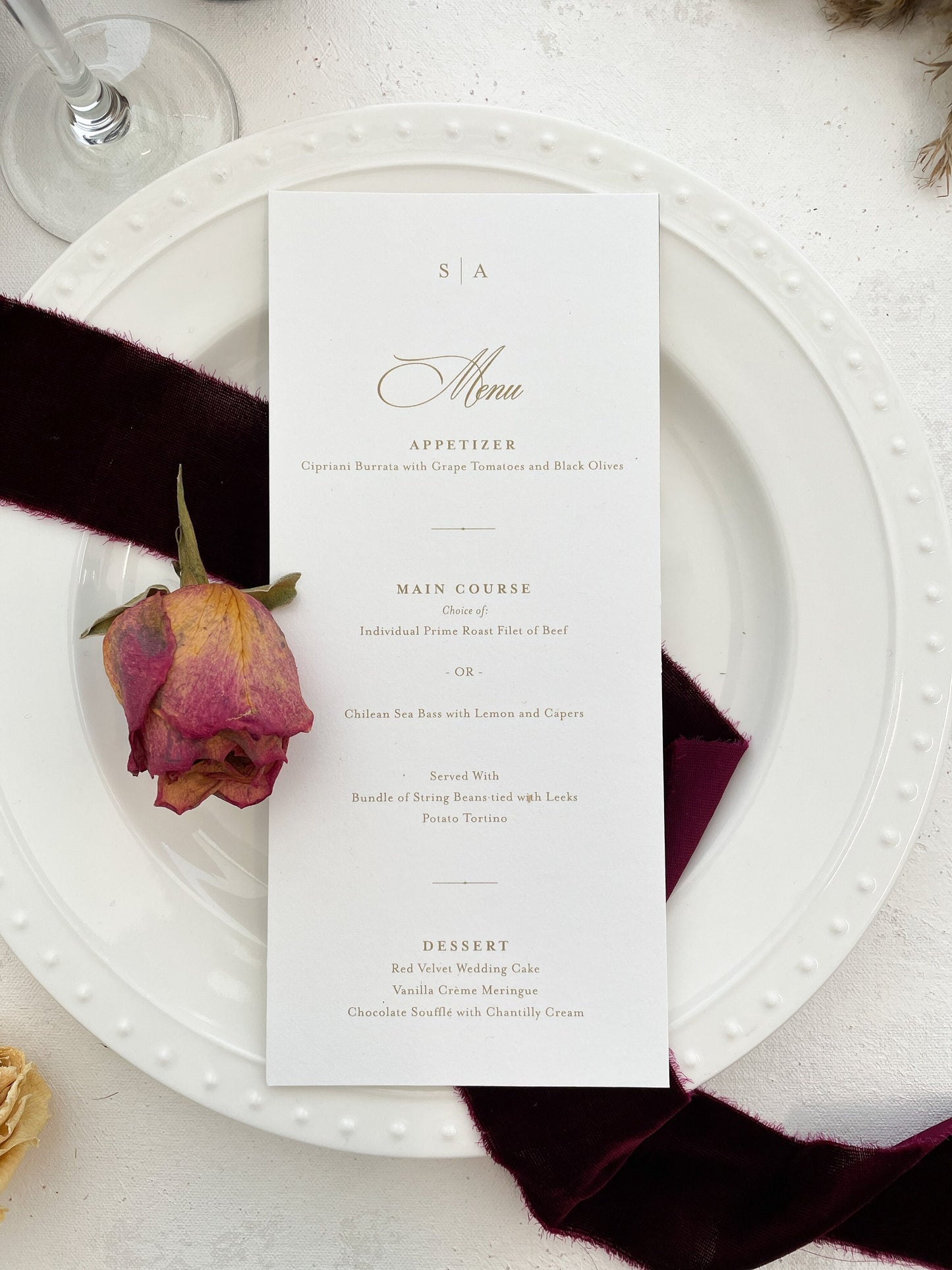 Champagne text with monogram menu