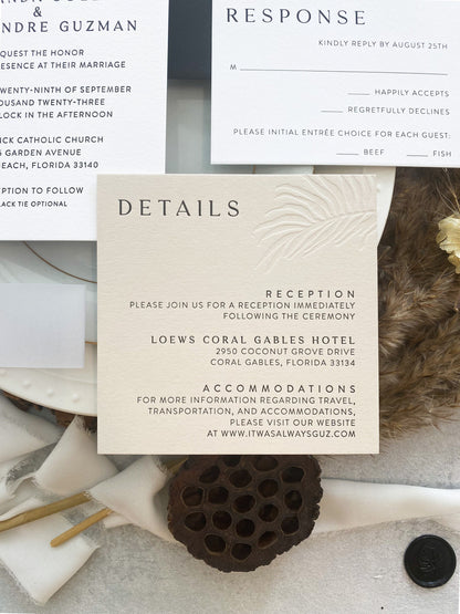 Minimalist Beach Wedding Letterpress Invitations with Palm Leaf Deboss | Style 241