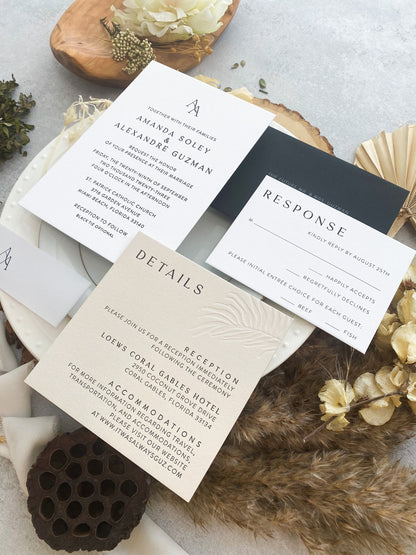 Minimalist Beach Wedding Letterpress Invitations with Palm Leaf Deboss | Style 241