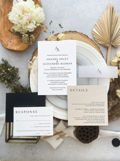 Minimalist Beach Wedding Letterpress Invitations with Palm Leaf Deboss | Style 241