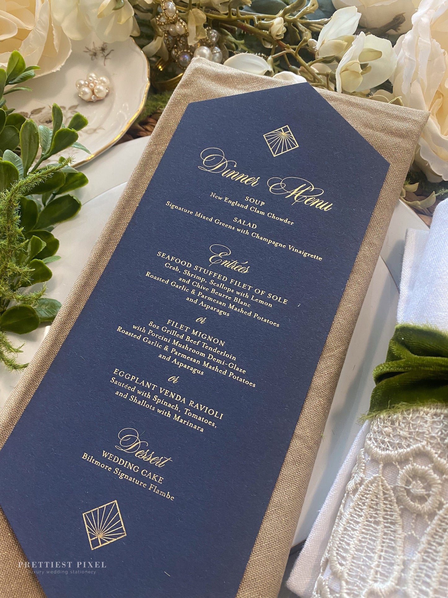 Gold Foil Formal Wedding Menus | Navy Diamond  | Any color Style 400