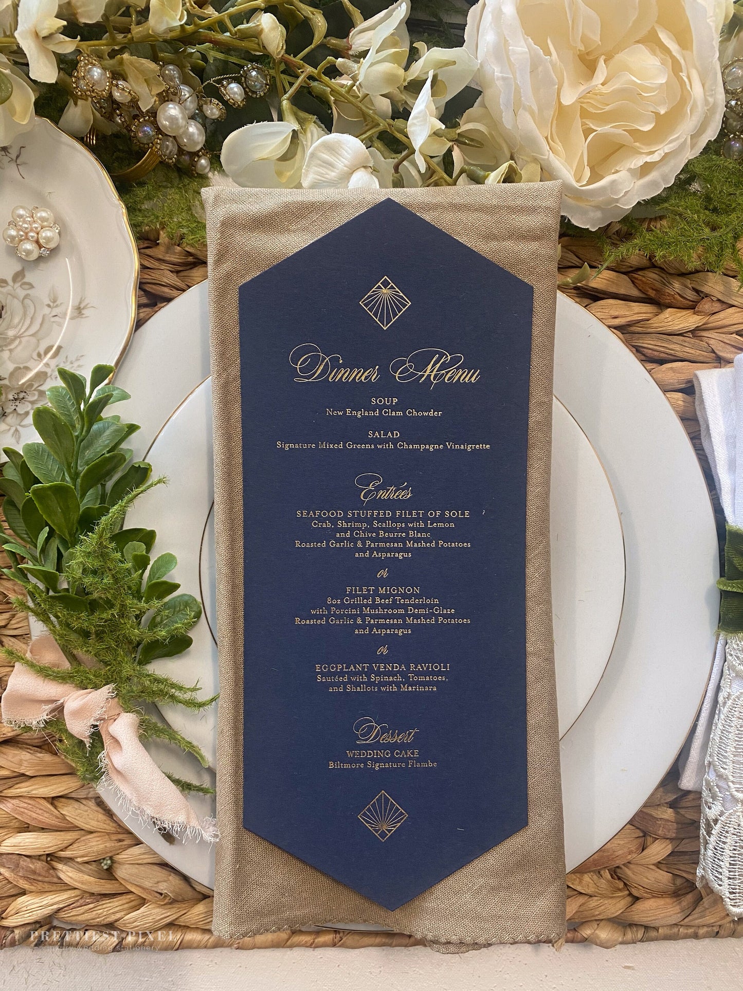 Gold Foil Formal Wedding Menus | Navy Diamond  | Any color Style 400