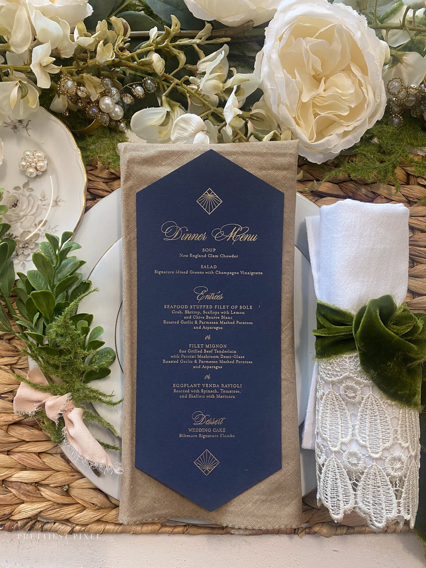 Gold Foil Formal Wedding Menus | Navy Diamond  | Any color Style 400