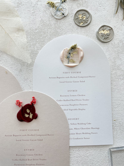 Arch Wedding Menu with Botanical Wax Seal - Style 232  |  SET OF 10