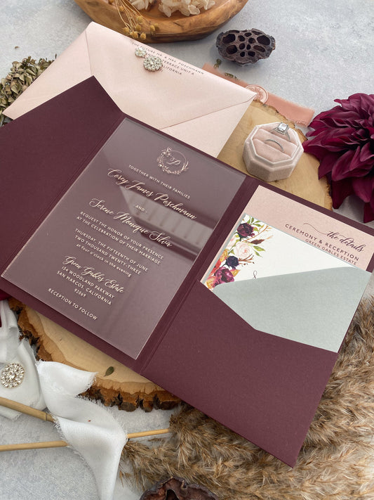 Burgundy Blush Invitations | Acrylic Card |  Custom Invites | Invitation Card |  Option 3 Style 236 - Option 3a