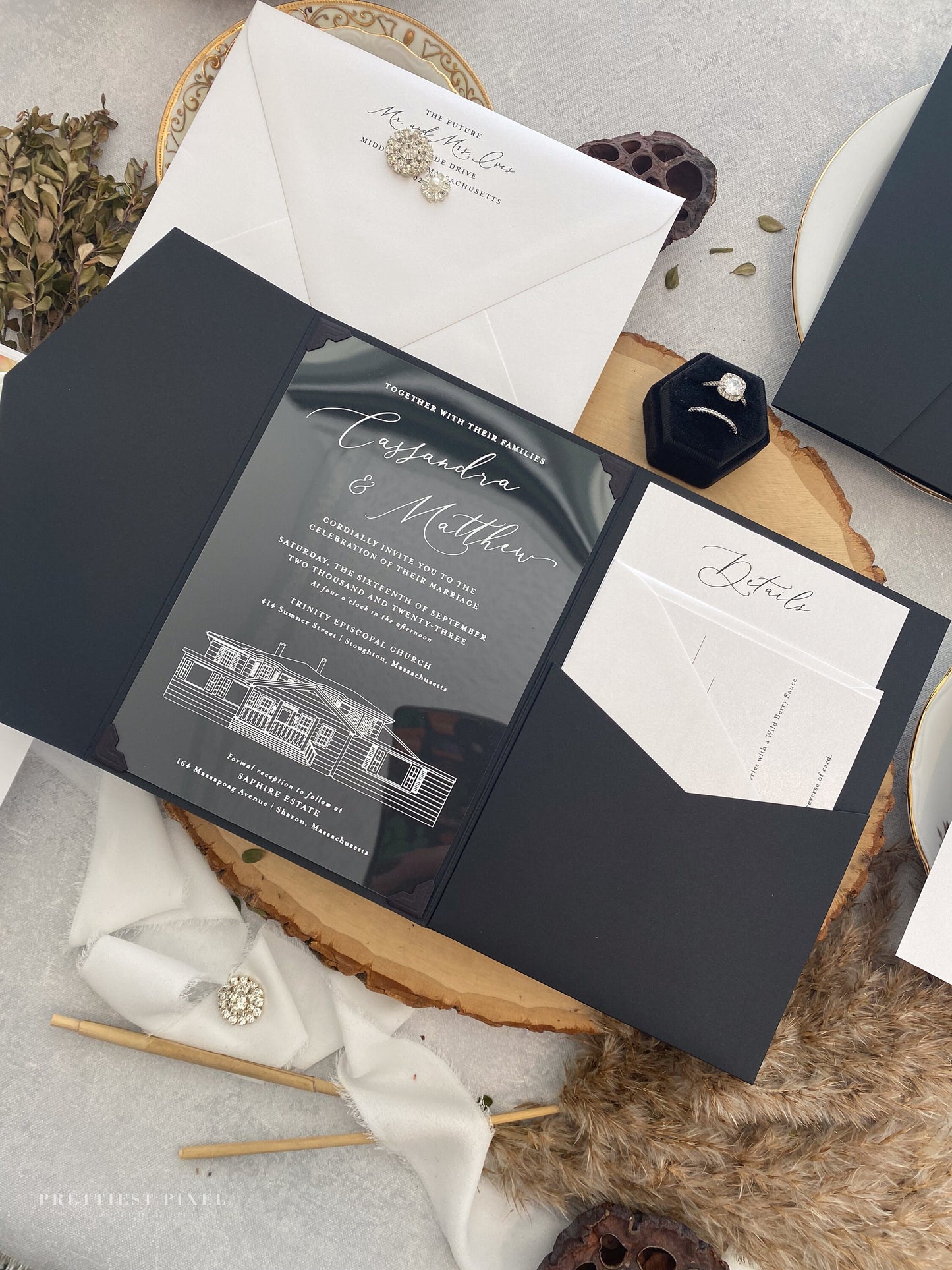 Acrylic Wedding Invitation with Venue Sketch | Acrylic Card |  Clear Invitations  | Custom Invitations Style 256 - Option 3a