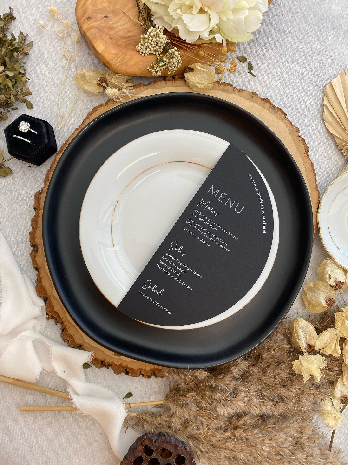 Black Half Circle Menu - Half Moon Any color paper 5.75inch or 6.5 inches Style 103