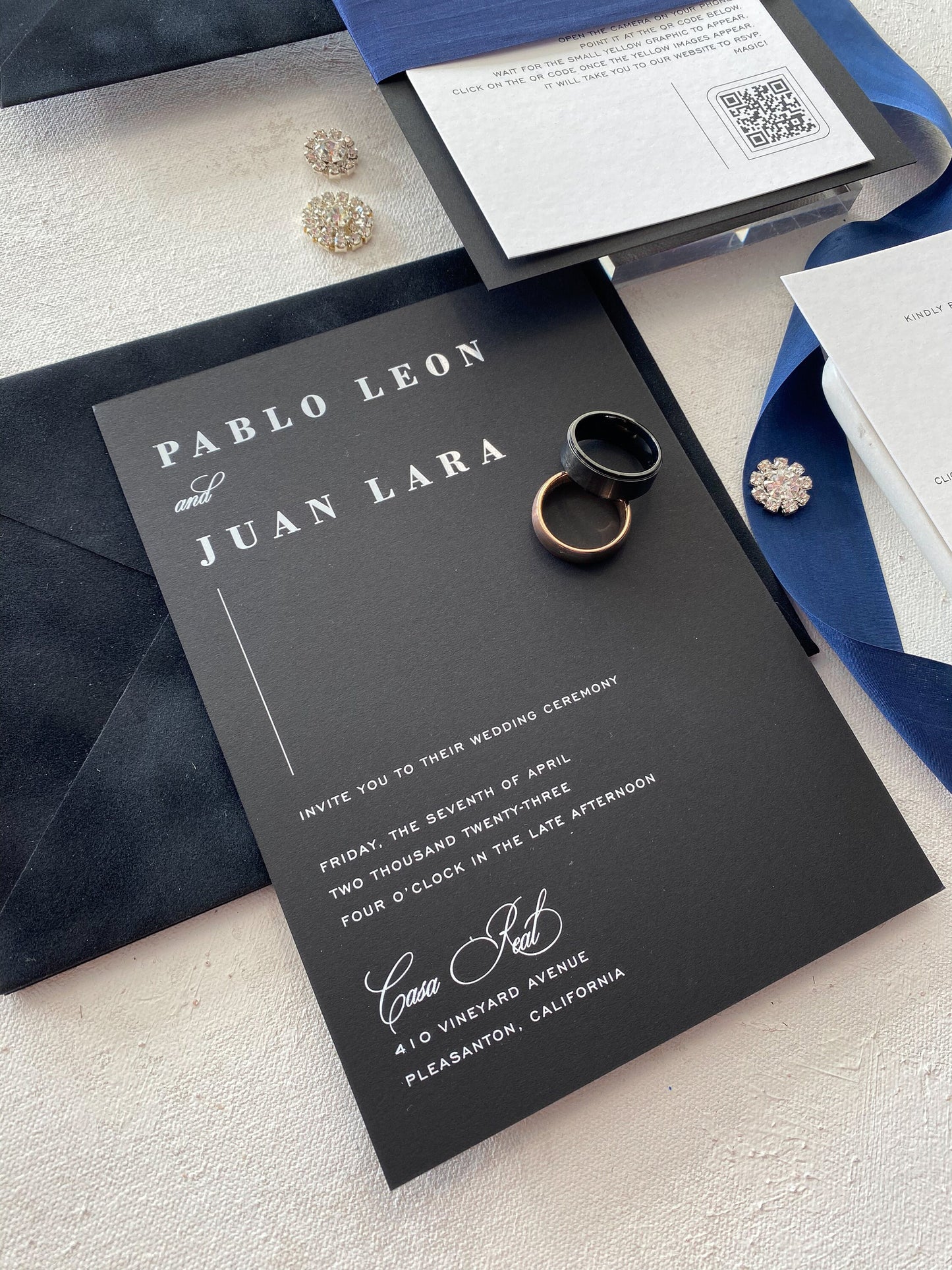 Black Wedding Invitations | White Foil | Double thick invitations - Style 119