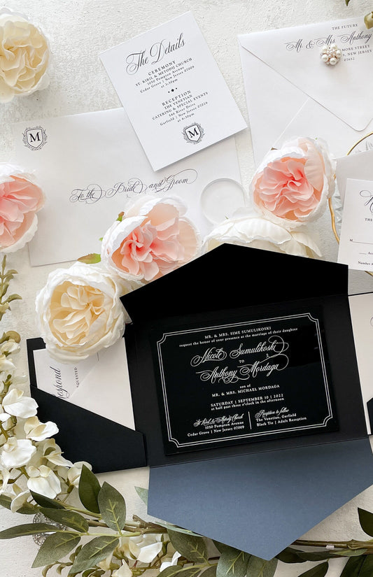 Black Acrylic Invitations | Acrylic Invites |  Clear Invitations  | Acrylic Invitation | Wedding Invitations  - Style 64 - Option 3b