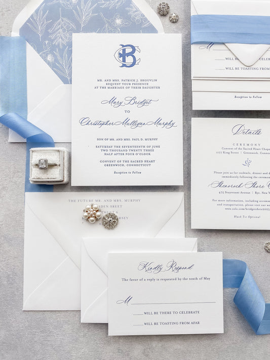 Blue Letterpress Wedding Invitations | Personalized Invites | Letterpress Invite |  Style 13