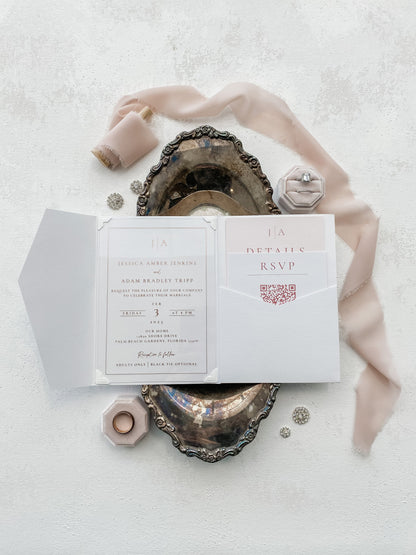 Acrylic Wedding Invitation |  |  Clear Invitations  | Custom Invitations | White and Pink | Elegant Invitations  - Style 158- Option 3a