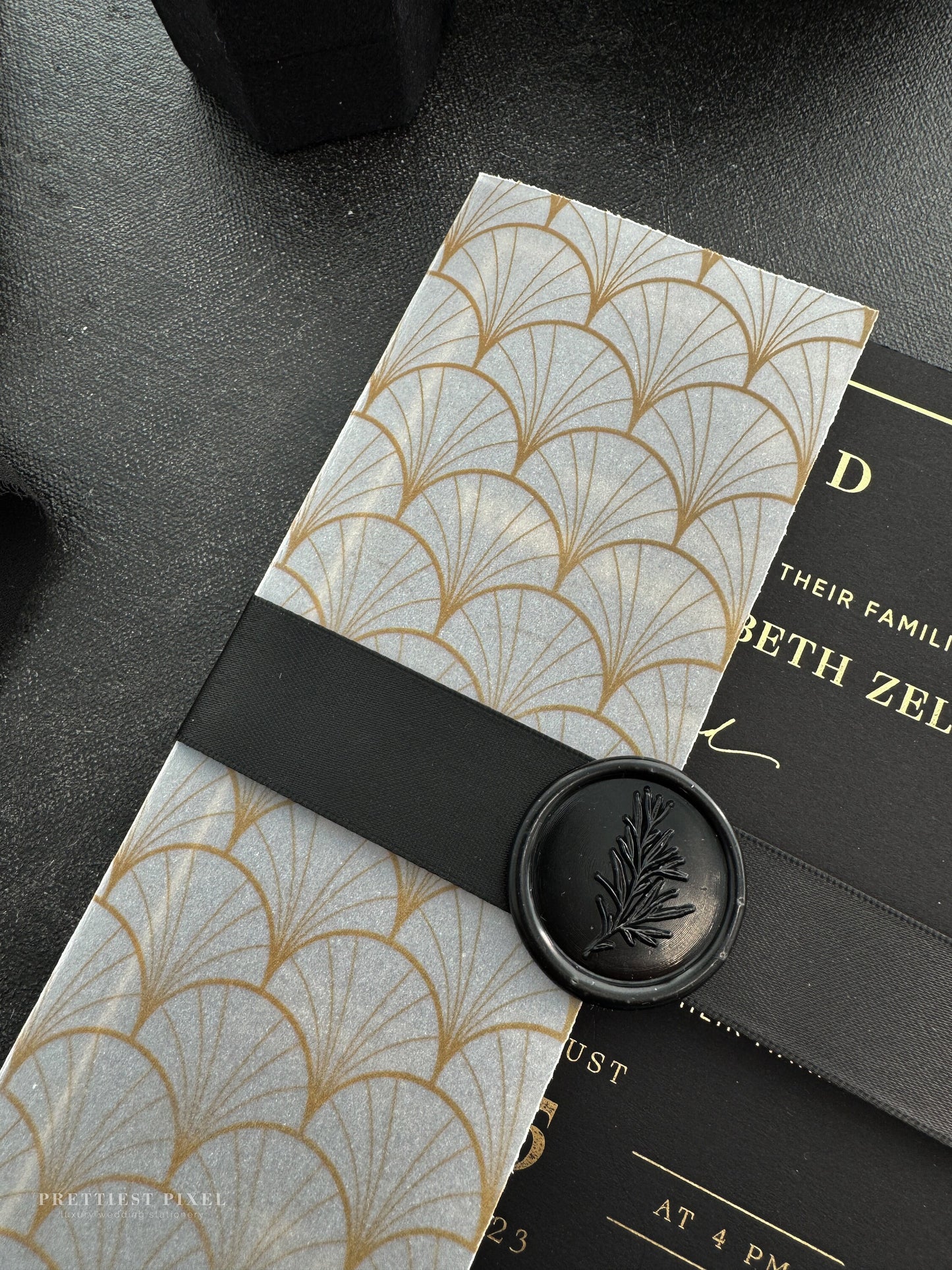 Black and Gold Foiled Invitation with Half Jacket Folder - Art Deco with Vellum Folder - Style 265