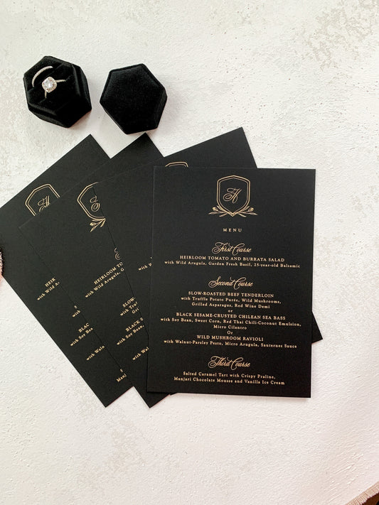 Black and Gold Wedding Menu with Foil | Any color Style 01 - Black Bird