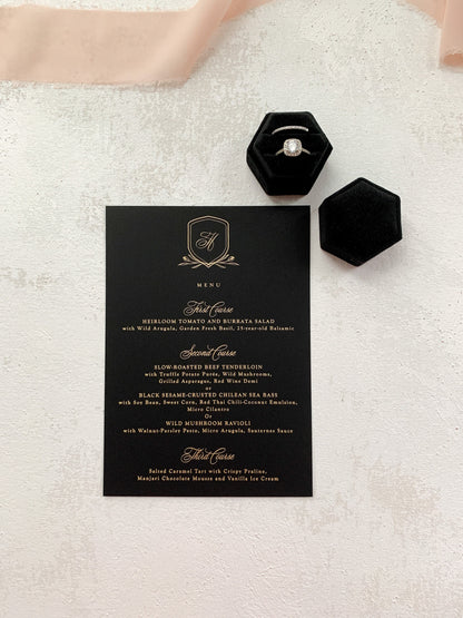 Black and Gold Wedding Menu with Foil | Any color Style 01 - Black Bird