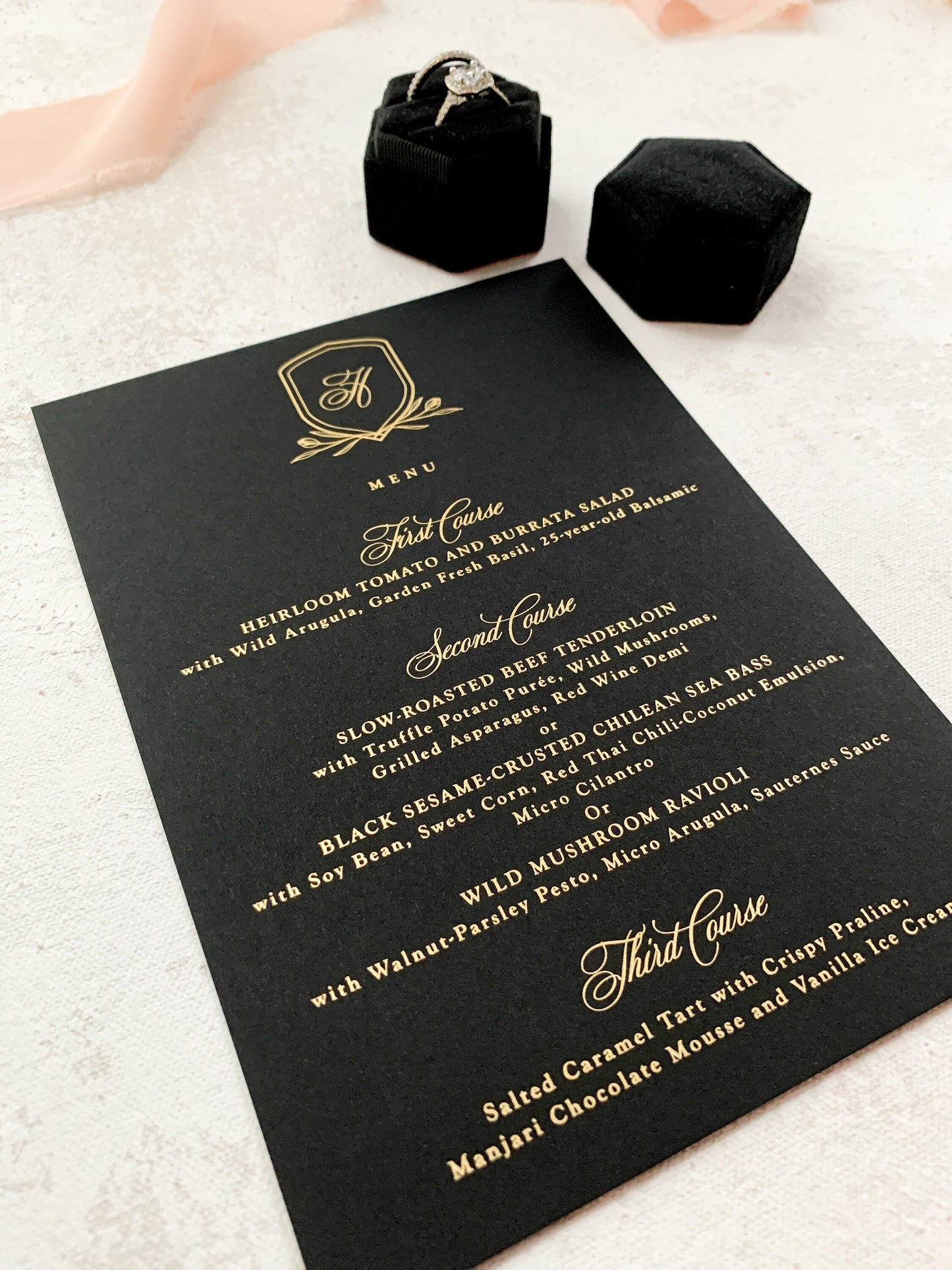 Black and Gold Wedding Menu with Foil | Any color Style 01 - Black Bird