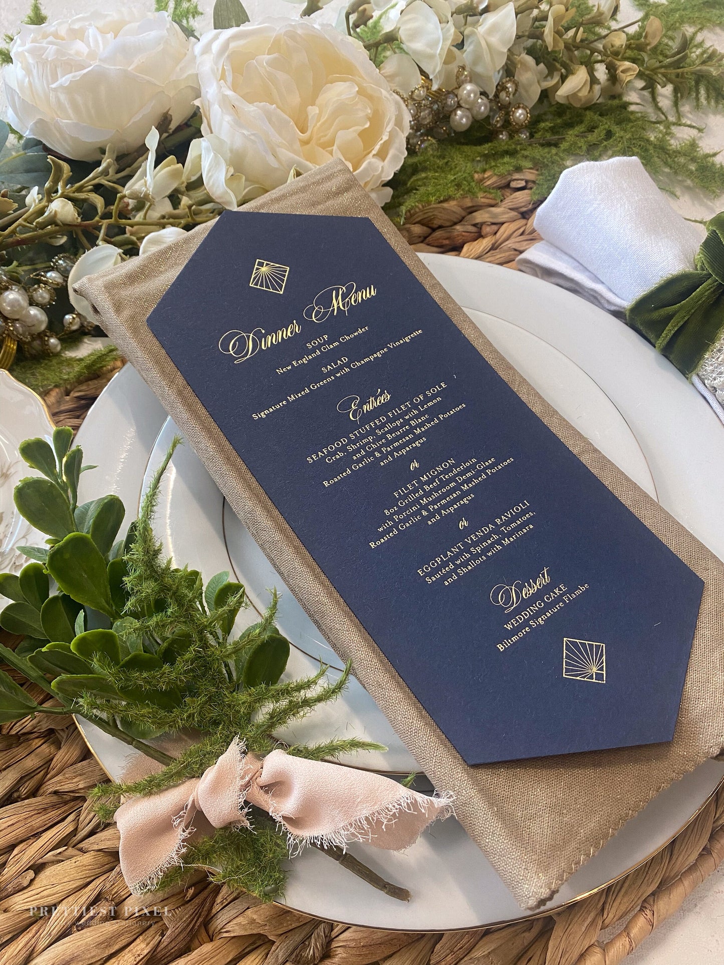 Gold Foil Formal Wedding Menus | Navy Diamond  | Any color Style 400