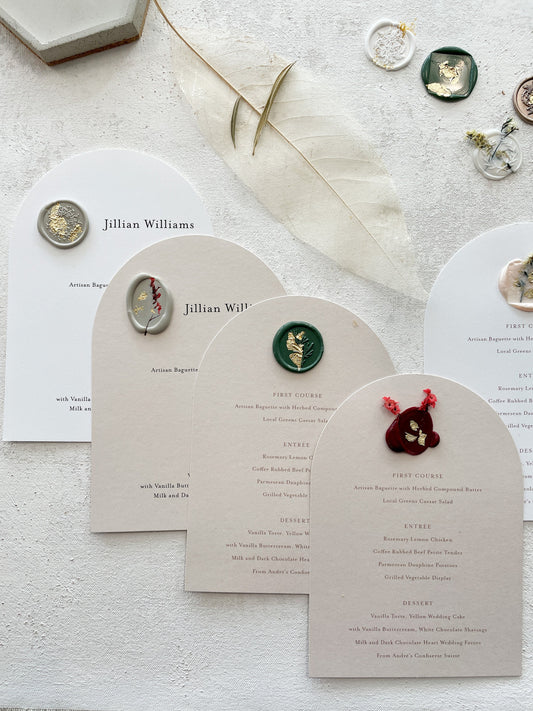 Arch Wedding Menu with Botanical Wax Seal - Style 232  |  SET OF 10
