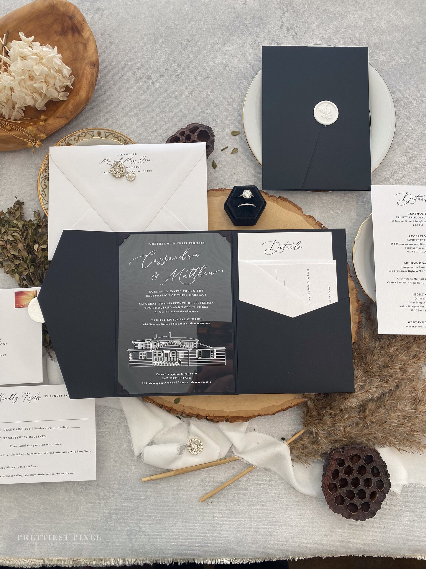 Acrylic Wedding Invitation with Venue Sketch | Acrylic Card |  Clear Invitations  | Custom Invitations Style 256 - Option 3a