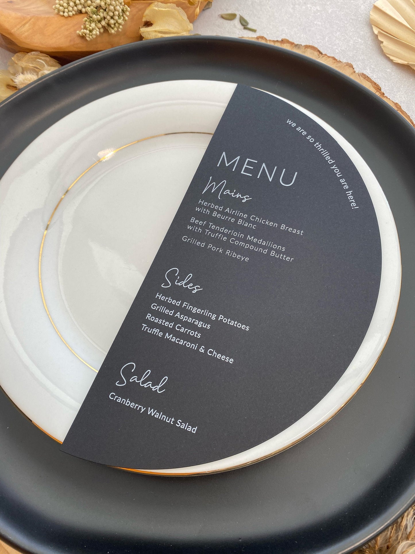 Black Half Circle Menu - Half Moon Any color paper 5.75inch or 6.5 inches Style 103