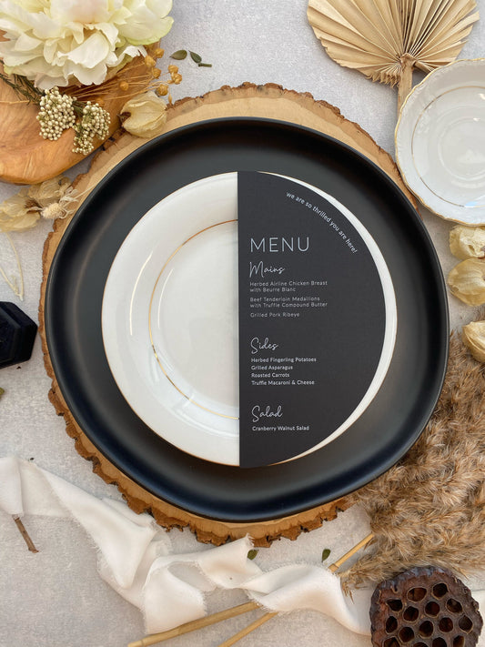 Black Half Circle Menu - Half Moon Any color paper 5.75inch or 6.5 inches Style 103