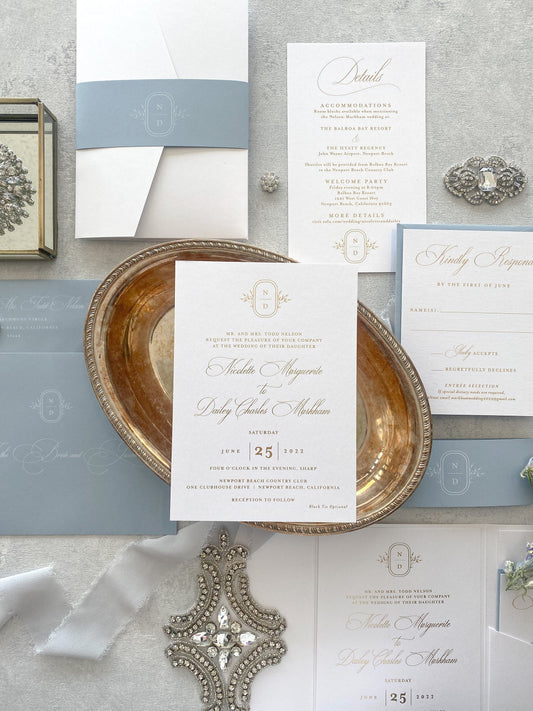 Dusty Blue and White Wedding Invitations - Foil Invitation Invites Style 04