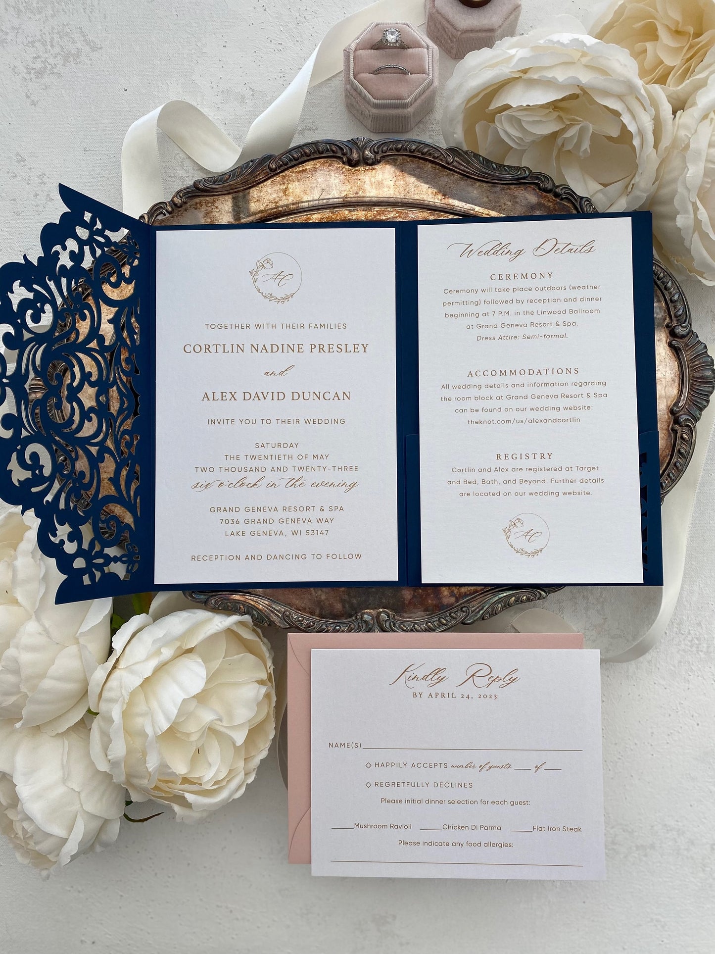Navy and White Pocket Invitations | Wedding | laser pocket folder -  Style 16