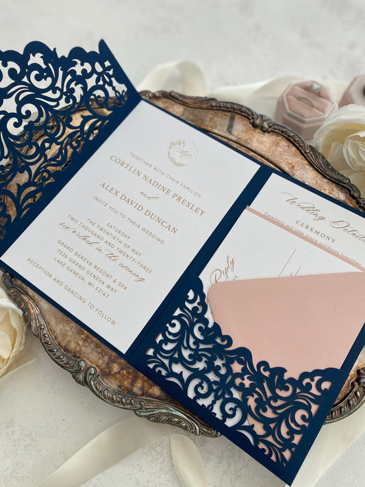 Navy and White Pocket Invitations | Wedding | laser pocket folder -  Style 16