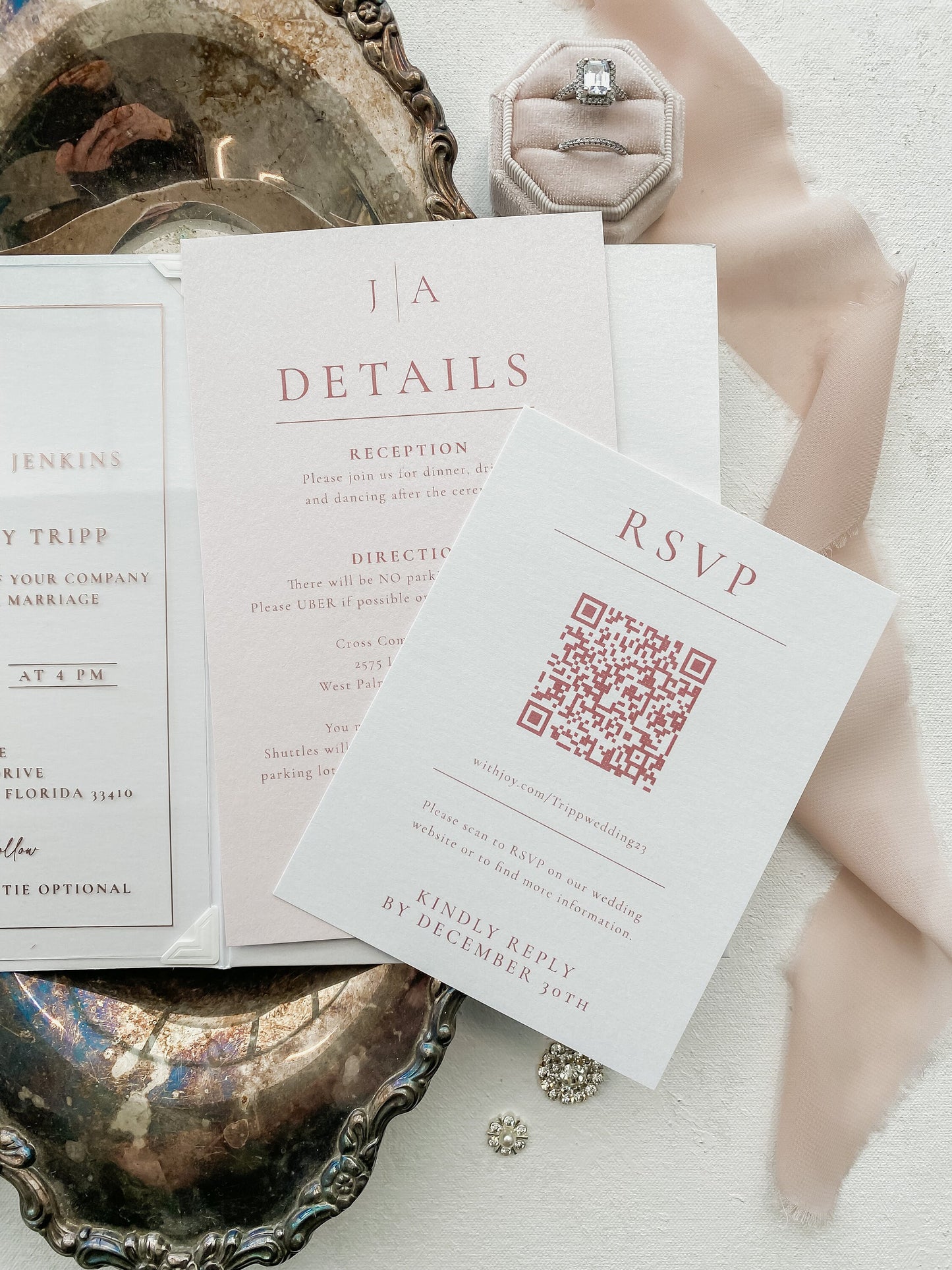 Acrylic Wedding Invitation |  |  Clear Invitations  | Custom Invitations | White and Pink | Elegant Invitations  - Style 158- Option 3a