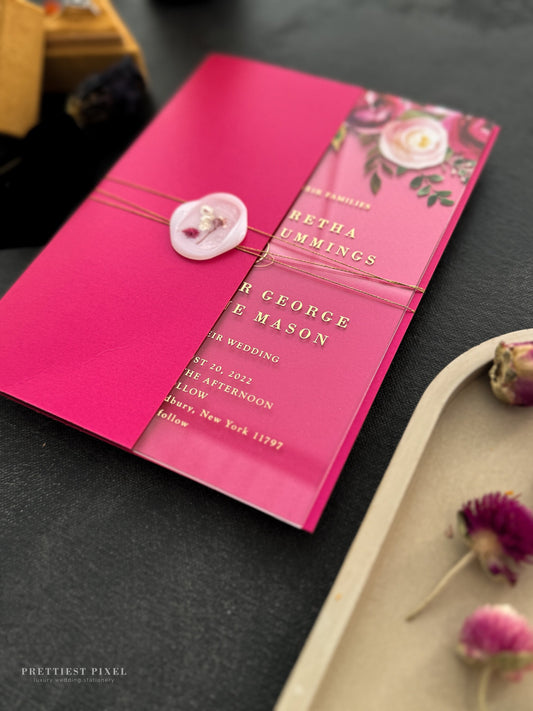 Hot Pink Invitations | Half Jacket Folder | Wedding Invitations  - Bright Summer Invitations - Style 53 - Option 8b