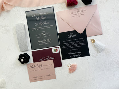 Acrylic Wedding Invitation | Invites  | Custom Invitations | Mauve Burgundy | Elegant Invitations Style 212 - Option 12