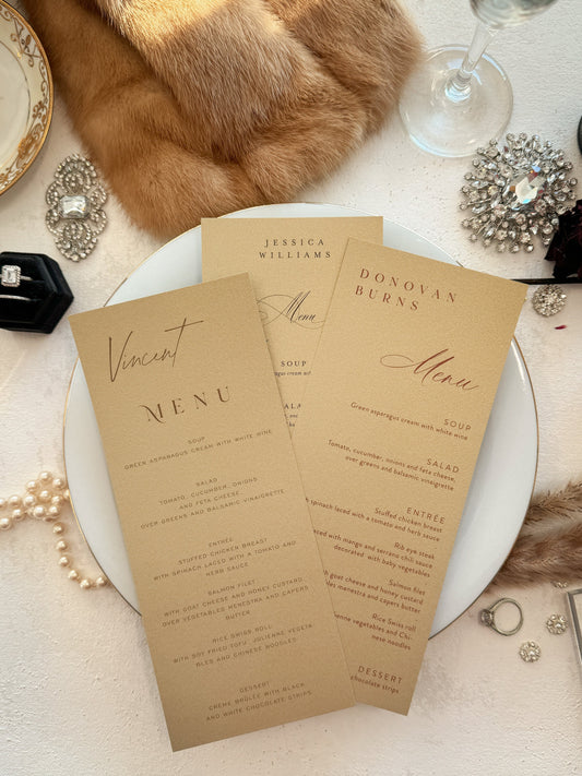 Shimmer Gold Wedding Menus | Dinner Menus |  Menu Namecards - Style 94  |  SET OF 10
