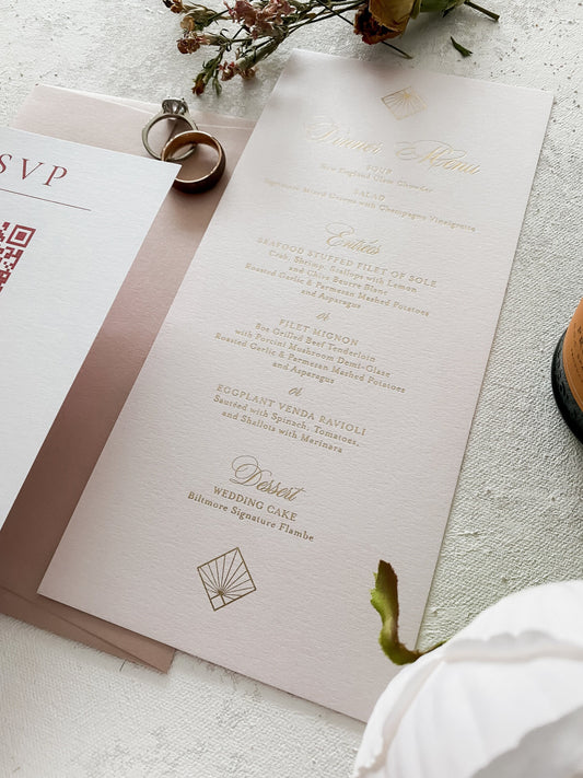 Shimmer Pink Deco Wedding Menus with foil  | Any color Style 400 Pink
