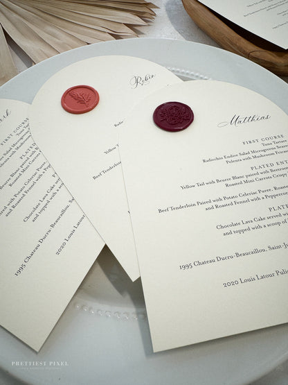 Arch Menus with Wax Seals - Style 133 | Namecards are also available  |  SET OF 10