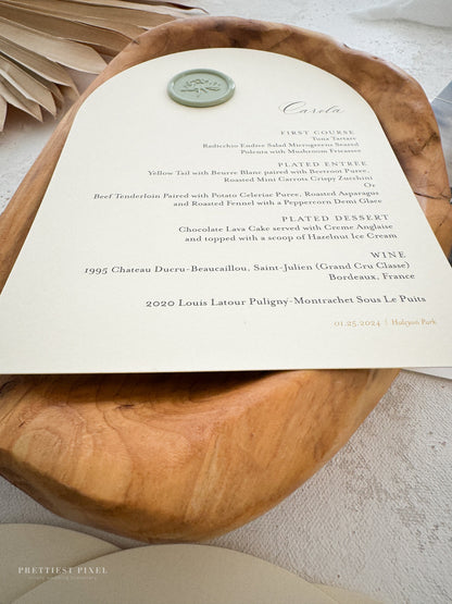 Arch Menus with Wax Seals - Style 133 | Namecards are also available  |  SET OF 10