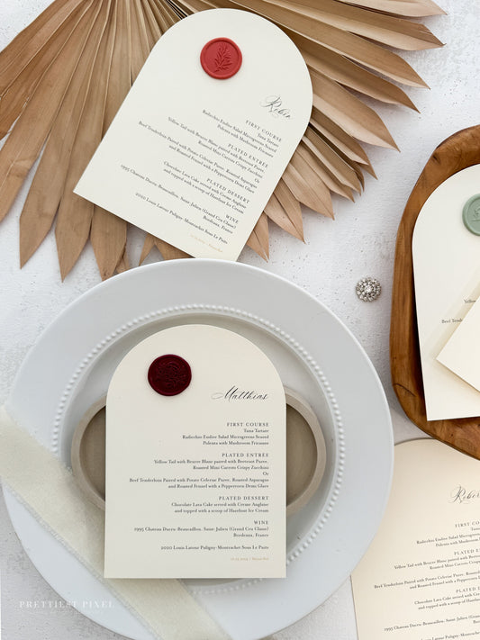 Arch Menus with Wax Seals - Style 133 | Namecards are also available  |  SET OF 10