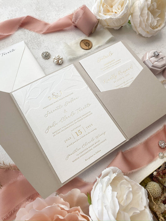 Letterpress Deboss Olives Wedding Invitations | Foil Invitations |  Neutrals  | Wedding Invitation  - Style 88 Gold Letterpress Foil