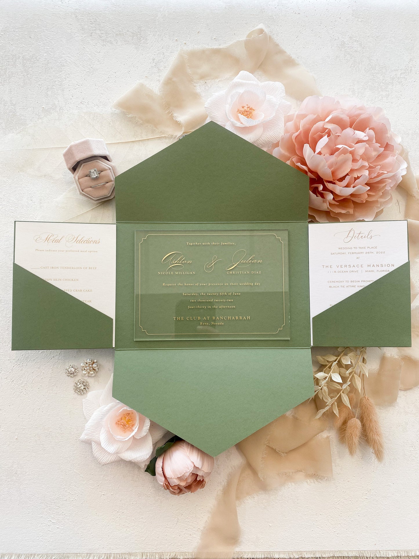 Mid-Green Modern Wedding Invitations | Clear Acrylic Wedding Invitation | Custom Invitations  |  Style 155- Option 3b