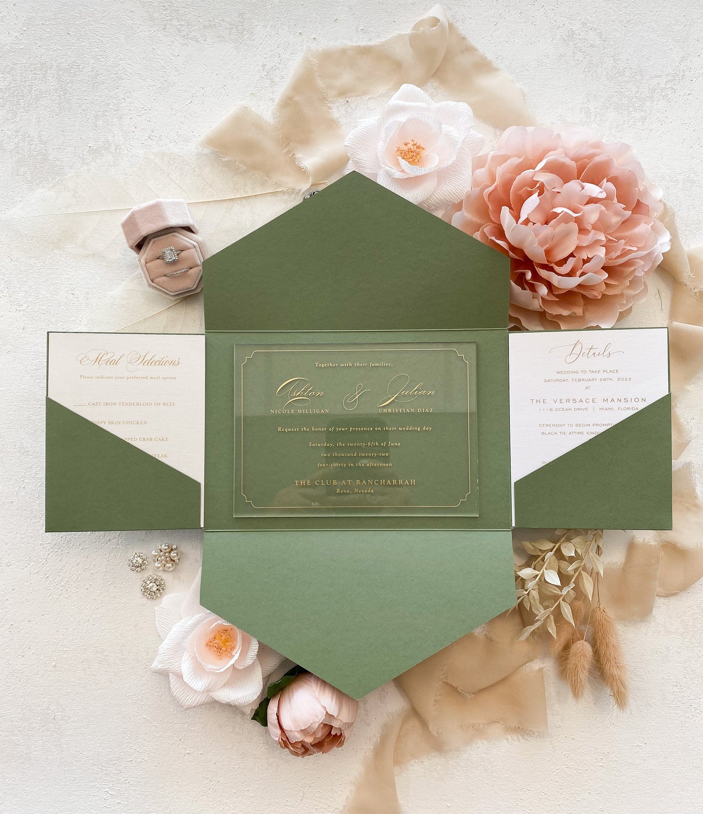 Mid-Green Modern Wedding Invitations | Clear Acrylic Wedding Invitation | Custom Invitations  |  Style 155- Option 3b