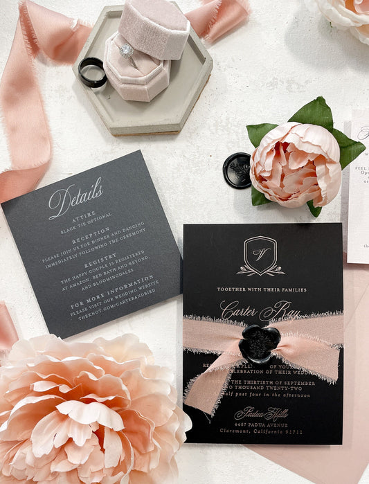 Black Wedding Invitations |  Wedding Invites  | Invitation Set  - foil Wedding Invitation - Style 01 Rose Bird