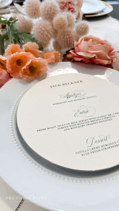 7.5" Round Wedding Menu Place Cards with Names Included |  Style 183  |  SET OF 10