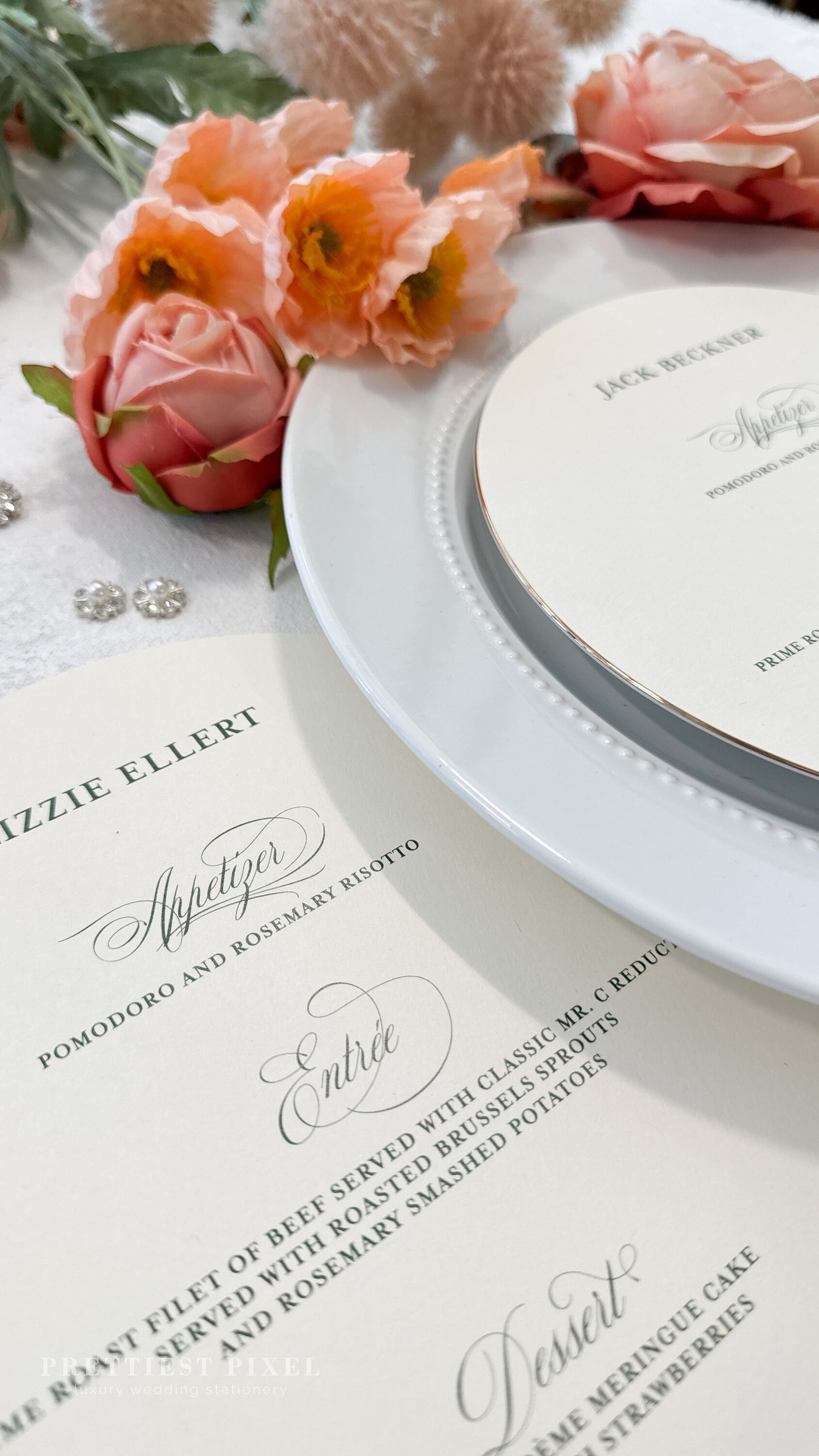 7.5" Round Wedding Menu Place Cards with Names Included |  Style 183  |  SET OF 10