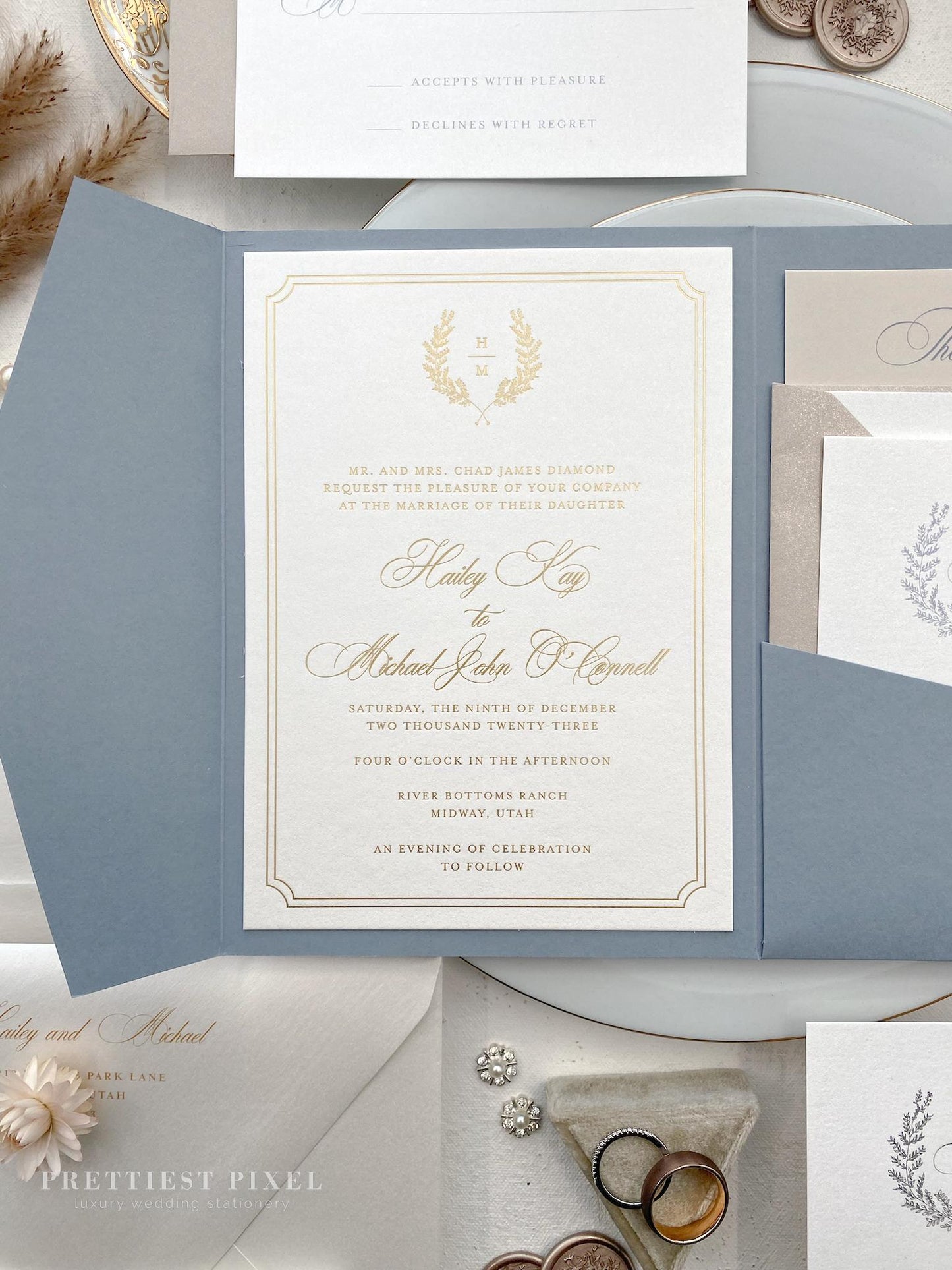 Dusty Blue Pocket Wedding Invitation |  Formal Wedding Style 225