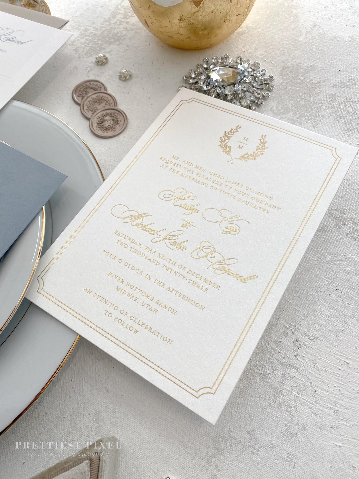 Dusty Blue Pocket Wedding Invitation |  Formal Wedding Style 225