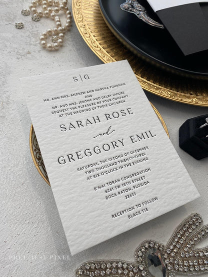 Black and White Letterpress | Black Invitations |  White Elegant Invites  | Wedding Invitation  - Style 283