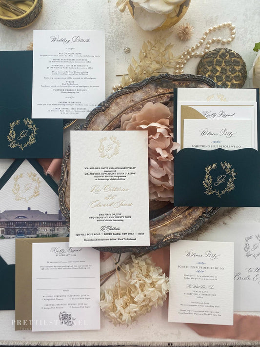 Hunter Green Pocket Letterpress Wedding Invitation |  Style 311