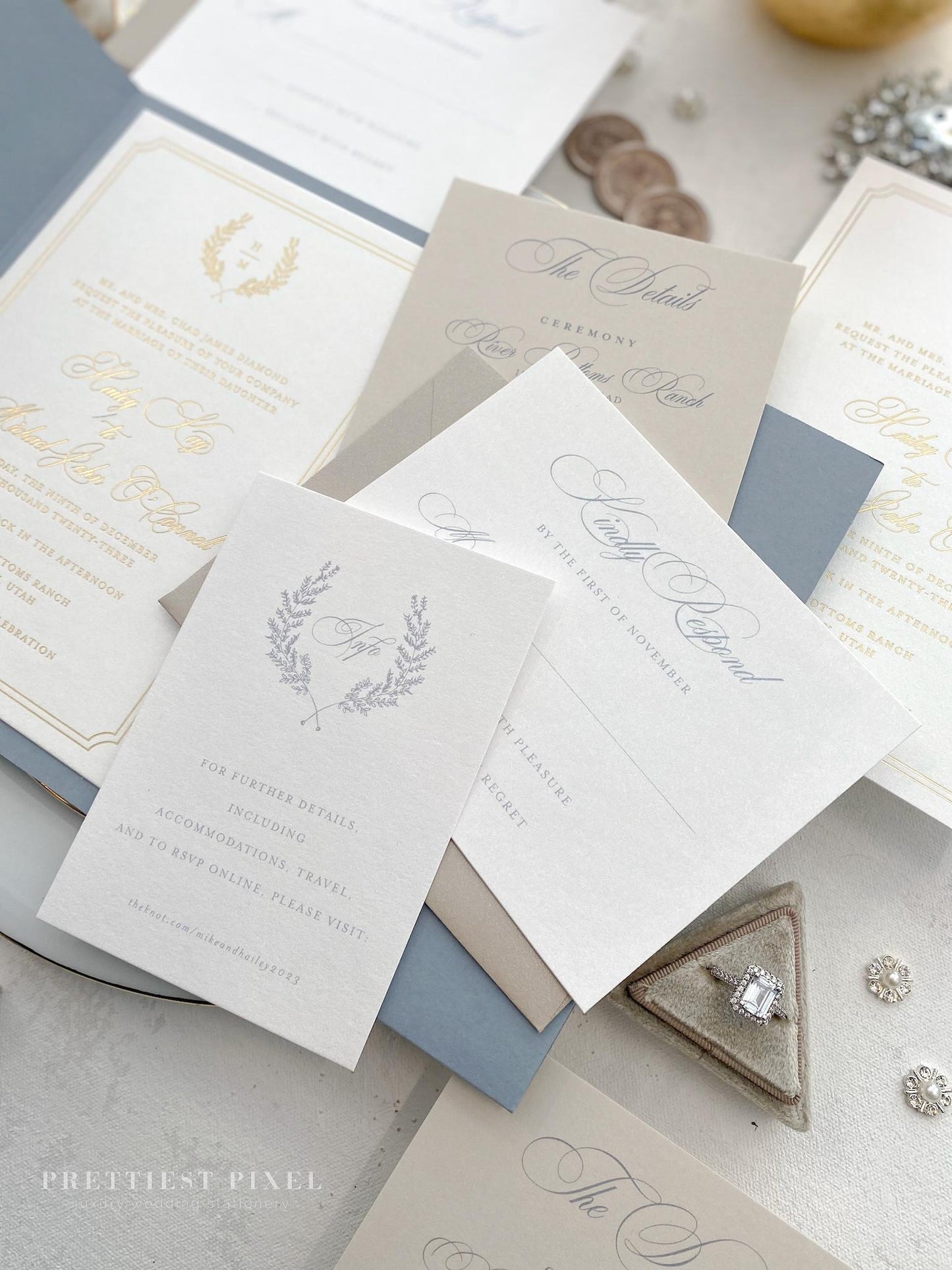 Dusty Blue Pocket Wedding Invitation |  Formal Wedding Style 225